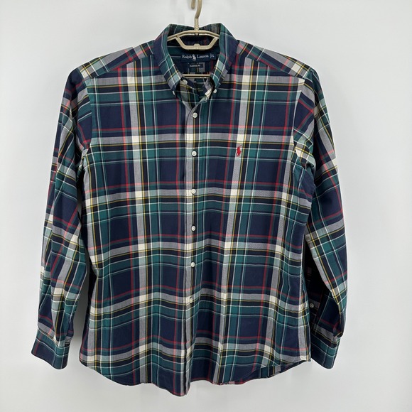 Ralph Lauren Classic Fit Plaid Button Down Shirt Men's Large Navy Green Red Pony - Picture 2 of 9